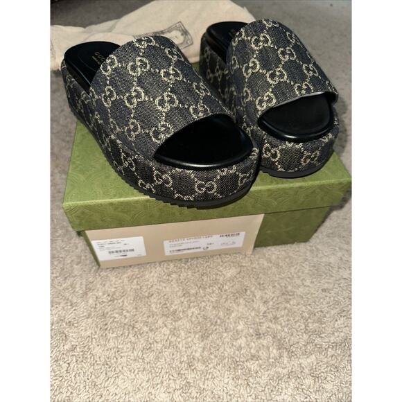 GUCCI SHOES GG SUPREME BLACK DENIM PLATFORM SLIDE SIZE 38.5 8.5 NEW - Picture 2 of 7